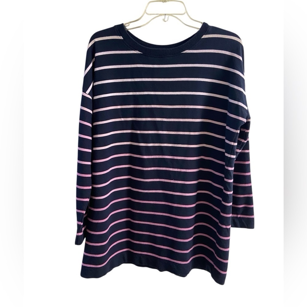J Jill Fit navy blue striped tunic top crewneck ombré Medium